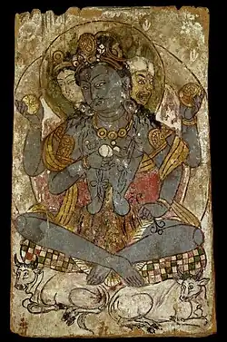 Indian deity on the obverse of a painted panel, most likely depicting Shiva. Khotanese artist Viśa Īrasangä or his father Viśa Baysūna, 7th century