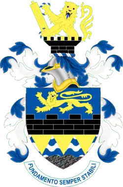 a blue, yellow and black coat of arms with lions