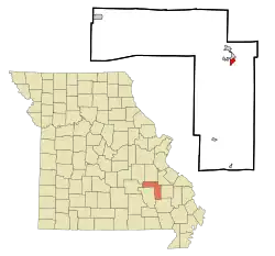 Location of Arcadia within Iron County, Missouri