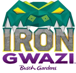A script text of "Iron Gwazi Busch Gardens", with the word "Iron" being at the top, followed by the next line word "Gwazi" and then "Busch Gardens" at the bottom. The word "Iron" appears slightly larger than "Gwazi", with "Busch Gardens" being the smallest text centered. "Iron" is colored silver, with a darker green hue outlining the text at the top which transitions into a yellow gradient towards the bottom of the word. The words "Gwazi" and "Busch Gardens" are colored purple, with "Busch Gardens" appearing in a slanted text. Atop the script text is a geometric crocodile colored in shades of green and yellow. The crocodile appears to sink its white teeth into the "Iron" text, with yellow appearing on one of the scales on its head, its eyes, and its nostrils.