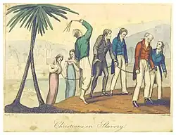 Chained people being hit by a man with a whip