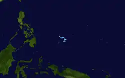 A track map showing the path of a tropical depression over the western Pacific Ocean. The path is short and erratic, occuring within a small area; the shape resembles that of a pirate's hook.