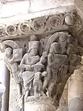 Last third of 11th century, Spain. Three instruments in the Jaca Cathedral Portico; far left the psalterium quadratum; center, David playing the Byzantine lira; right, a musician with a triangular harp (not a rota, because the curved right side is shaped as a harp's forpost). The psalterium quadratum is one of Jerome's instruments; see bumbulum above.