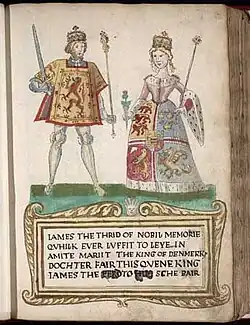 A picture on a page in an old book. A man at left wears tights and a tunic with a lion rampant design and holds a sword and sceptre. A woman at right wears a dress with an heraldic design bordered with ermine and carries a thistle in one hand and a sceptre in the other. They stand on a green surface over a legend in Scots that begins "James the Thrid of Nobil Memorie..." (sic) and notes that he "marrit the King of Denmark's dochter".