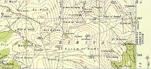British Survey of Palestine map of 1941, Kh. Banith (now in Biriya Forest)