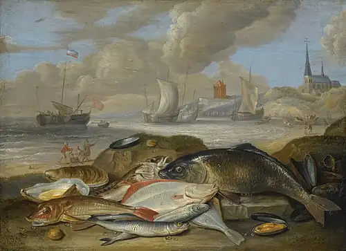 Still life of fish in a harbor landscape, possibly an allegory of the element of water
