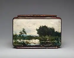 Earthenware jardiniere with Impressionist (or Corot-esque) landscape by Émile-Justin Merlot&nbsp;[fr]