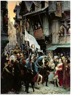 Joan of Arc on horseback with armor and holding banner being greeted by the people of Orléans.