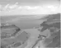 Jemez Canyon Dam with a full reservoir in May 1958