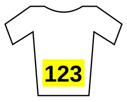A white jersey with yellow numbers