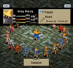 A character is standing in the middle of a circle surrounded by other characters. At the top of the screen is a box with various statistics.