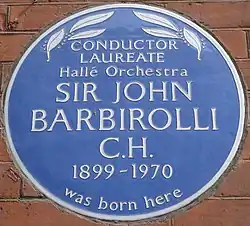 blue commemorative plaque on Barbirolli's birthplace