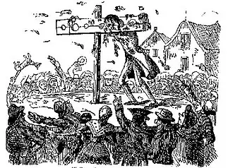 18th century illustration of perjurer John Waller pilloried and pelted to death in 1732