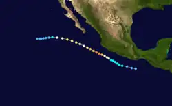 A track map of a hurricane parallel to the western coast of Mexico; it is generally west-northwestward, curving to the west near the end