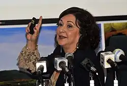 A woman is speaking at a press conference. One of her hands is pointing up.