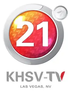 A white numeral 21 in an orange-and-red shiny pearl encased in a silver ring. Beneath is the call sign "KHSV-TV" in gray, with the right half of the V stylized and in a red-orange gradient, and "Las Vegas, NV" in smaller font in gray.