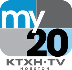 A rounded rectangle divided into blue and gray parts with the word "my" in white and a black "20" in the lower right. Beneath, on two lines, is the text "KTXH-TV Houston".