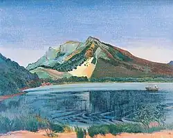 At Lake Haruna in 1940 Kanae suffered a stroke that ended his career. Painting of a lake with mountains in the background