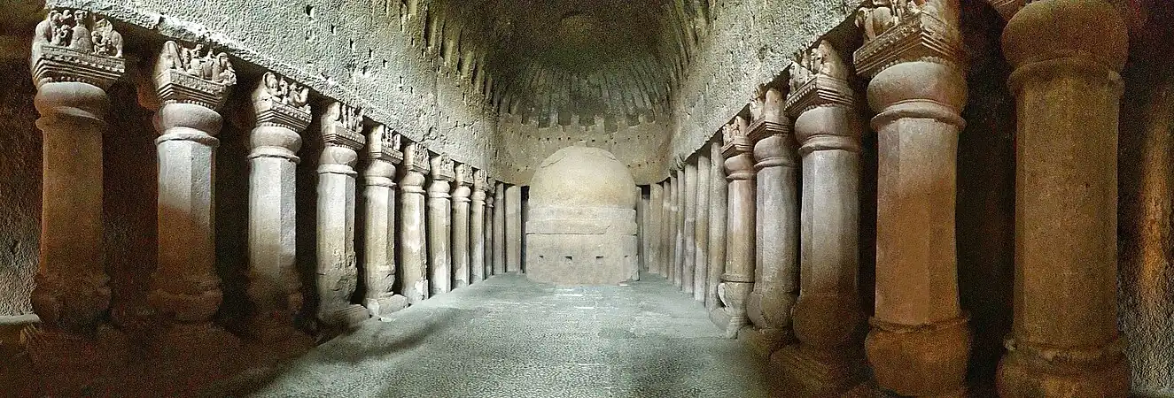 Great Chaitya hall panorama. A slightly late imitation of the Great Chaitya at Karla Caves.[13]