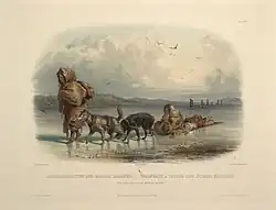 "Dog-sledges of the Mandan Indians": aquatint by Karl Bodmer from the book "Maximilian, Prince of Wied's Travels in the Interior of North America, during the years 1832–1834"