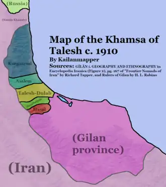 Map of the Khamsa of Talesh, with Karganrud in blue.