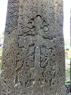 Detail of one of the tallest khachkars at the site (2014 photo)