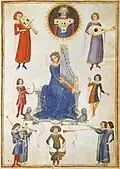 14th century A.D., Italy. King David, his wife Musica and their children. From manuscript of Manlius Severinus Boethius's De Musica, Naples, Biblioteca Nazionale, Ms. VA 14, fol. 47
