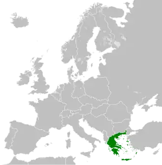 Map of Europe in 1973, showing Greece highlighted in green