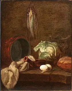 Kitchen Utensils and Three Herrings or Whitings (1729), oil on canvas, Clark Art Institute