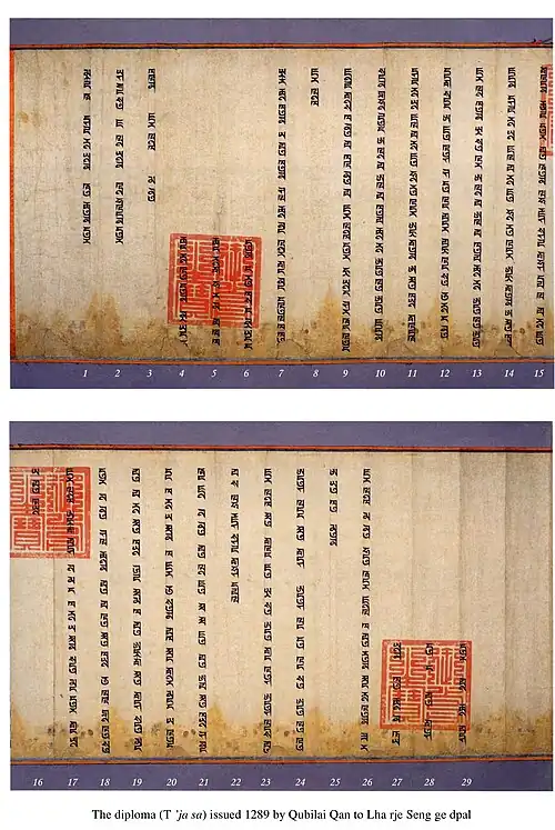 White page with black Phags-pa characters and two seals, one being in the middle of and one on the right sight of the text. All lines start at the top of the page