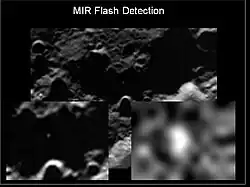 Image taken of the Centaur upper stage impact in the Cabeus crater near the south pole of the Moon. The images were taken by the LCROSS Shepherding Spacecraft.
