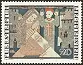 Stamp from a 1979 series in Liechtenstein, commemorating tapestries by Ferdinand Nigg (1865-1949), this stamp titled "Annunciation of Mary"