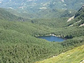 A lake nestled among lush green hills.