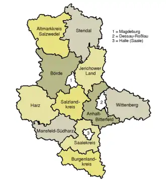 Map of Saxony-Anhalt showing the current district boundaries.