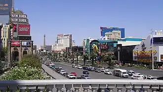 A view of the southern end of the Strip. Looking northward from Tropicana Avenue.