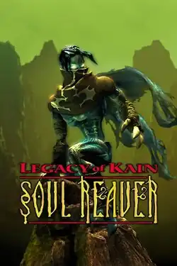 A black-haired blue-skinned vampire with large claws stands atop a rock. His body resembles a muscular skeleton and his face is covered with brown cowl loosely wrapped around his neck. Behind him are rocky mountains obscured by green fog.