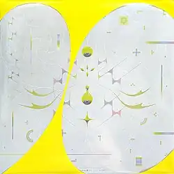 Two white ovals with various colored shapes imprinted on them over a yellow background.