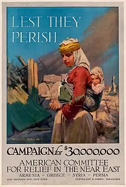 Modestly dressed woman carrying a child and surrounded by foodstuffs provided by relief efforts. The caption says "Lest they perish".