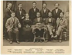 Black and white photograph of Leonidas Merritt, Lewis J. Merritt, Andrus R. Merritt, Alfred Merritt, Lucien F. Merritt, Cassius Clay Merritt, Hephzibah Jewett Merritt, Lewis H. Merritt, Jerome Merritt, and Napoleon B. Merritt.