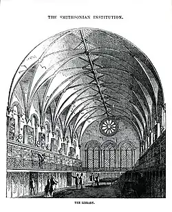 Print of an engraving of the library in the west end of the Smithsonian Institution Building, 1857