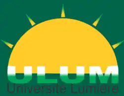 Large rising, yellow sun in green background with text reading "ULUM Université Lumière"