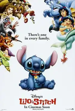 Clockwise from left: Disney animated characters Dopey, Pumba, Rafiki, Belle, Beast, Pinocchio, Jiminy Cricket, Genie, Tinker Bell, Aladdin, Jasmine, and Sebastian (hanging on Ariel's tail) all stare down at Stitch in shock and disgust, except Jasmine who looks in awe.