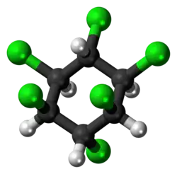 Ball-and-stick model of the lindane molecule (chair conformation)