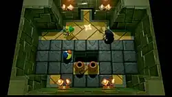 Top-down view of a room with back spaces around it, where a person is evading attacks from two enemies