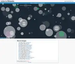 Screenshot of Listen to Wikipedia showing a new user bar, the visualisation in the form of circles, and textual information of recent changes in English Wikipedia
