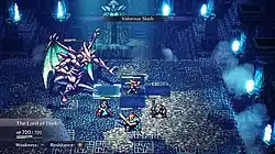 In a battle arena themed after a dungeon environment, the current player character readies a move against the boss enemy on the battle grid.