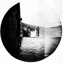 Completed lock at Canal Flats, ca 1889. The timber shown was cut from local ponderosa pine.