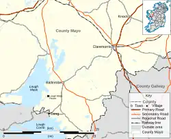 Map of the Lough Mask area of County Mayo, showing the location of Lough Mask House. The house is 6 kilometres (3.7&nbsp;mi) southwest of Ballinrobe, and 6&nbsp;km north of Cong; Claremorris is a further 22 kilometres (14&nbsp;mi) north-east of Ballinrobe.
