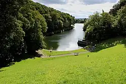 A view of Chellow Dene reservoir from atop the slope of a hill