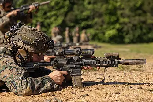 A Marine from 3rd Battalion, 2nd Marines firing an M27 RWK